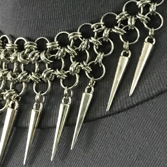 Gothic Tribal Silver Warrior Chainmail Spike Handmade Adjustable Choker Necklace - Picture 5 of 15